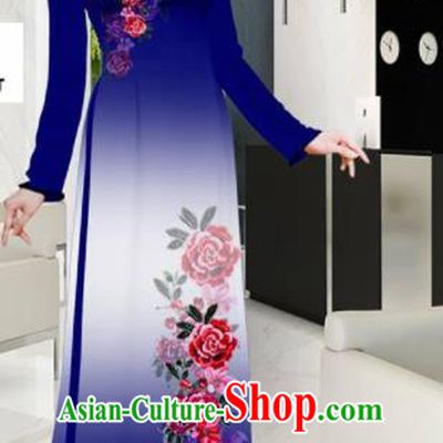 Asian Printing Roses Navy Aodai Cheongsam Vietnam Traditional Costume Vietnamese Bride Classical Qipao Dress for Women