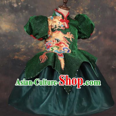 Chinese Stage Performance Catwalks Embroidered Green Full Dress Modern Fancywork Dance Costume for Kids