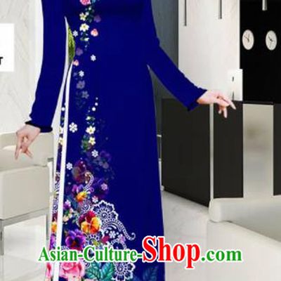 Asian Vietnam Printing Roses Navy Aodai Cheongsam Traditional Costume Vietnamese Bride Classical Qipao Dress for Women