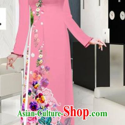 Asian Vietnam Printing Roses Pink Aodai Cheongsam Traditional Costume Vietnamese Bride Classical Qipao Dress for Women