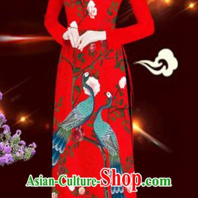Asian Vietnam Printing Peacock Rose Red Aodai Cheongsam Traditional Costume Vietnamese Bride Classical Qipao Dress for Women