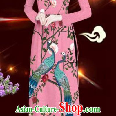 Asian Vietnam Printing Peacock Rose Pink Aodai Cheongsam Traditional Costume Vietnamese Bride Classical Qipao Dress for Women