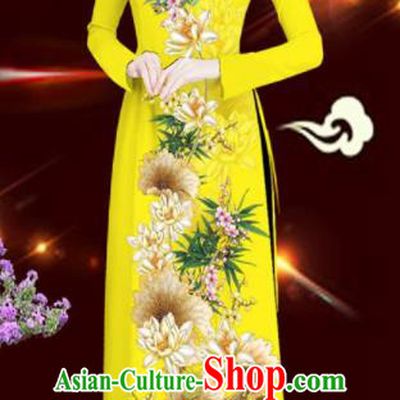 Asian Vietnam Printing Lotus Yellow Aodai Cheongsam Traditional Costume Vietnamese Bride Classical Qipao Dress for Women