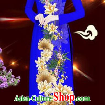 Asian Vietnam Printing Lotus Royalblue Aodai Cheongsam Traditional Costume Vietnamese Bride Classical Qipao Dress for Women