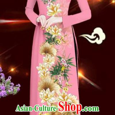 Asian Vietnam Printing Lotus Pink Aodai Cheongsam Traditional Costume Vietnamese Bride Classical Qipao Dress for Women