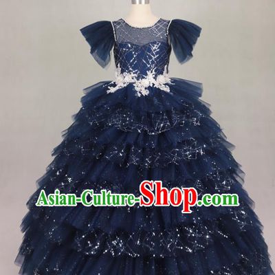 Professional Girls Compere Waltz Dance Navy Full Dress Modern Fancywork Catwalks Stage Show Costume for Kids