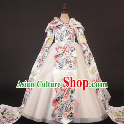 Chinese Stage Performance Catwalks White Full Dress Modern Fancywork Dance Costume for Kids