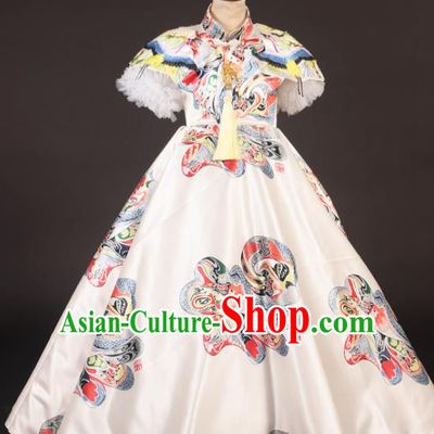 Chinese Stage Performance Catwalks White Satin Full Dress Modern Fancywork Dance Costume for Kids