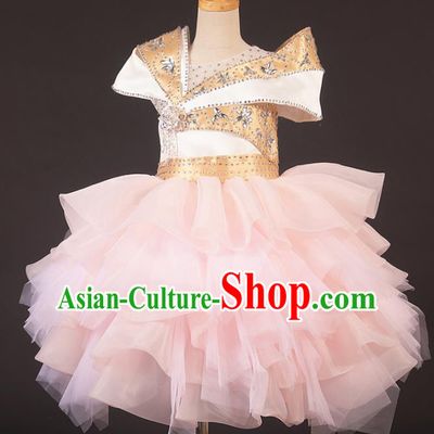 Professional Girls Catwalks Stage Show Dance Pink Bubble Dress Modern Fancywork Compere Court Princess Costume for Kids