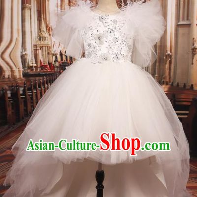 Professional Girls Catwalks Stage Show Dance White Veil Dress Modern Fancywork Compere Court Princess Costume for Kids