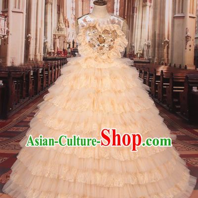 Professional Girls Catwalks Stage Show Dance Champagne Veil Dress Modern Fancywork Compere Court Princess Costume for Kids