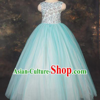 Professional Girls Catwalks Stage Show Dance Blue Veil Dress Modern Fancywork Compere Court Princess Costume for Kids
