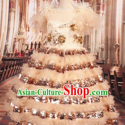 Professional Girls Catwalks Stage Show Dance Layered Dress Modern Fancywork Compere Court Princess Costume for Kids