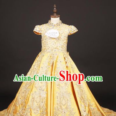 Professional Girls Catwalks Waltz Dance Yellow Dress Modern Fancywork Compere Stage Show Court Princess Costume for Kids