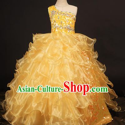 Professional Girls Catwalks Waltz Dance Yellow Veil Dress Modern Fancywork Compere Stage Show Costume for Kids