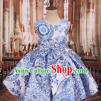 Professional Girls Catwalks Waltz Dance Printing White Dress Modern Fancywork Compere Stage Show Costume for Kids