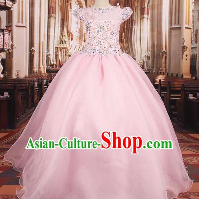 Professional Girls Catwalks Waltz Dance Pink Veil Long Dress Modern Fancywork Compere Stage Show Costume for Kids