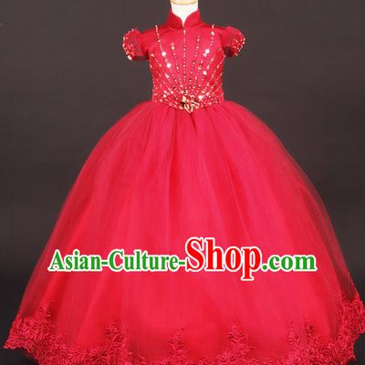 Professional Girls Catwalks Waltz Dance Rosy Veil Long Dress Modern Fancywork Compere Stage Show Costume for Kids