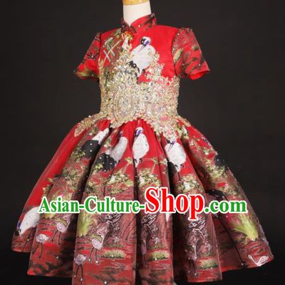 Chinese Stage Performance Catwalks Printing Red Full Dress Modern Fancywork Dance Costume for Kids