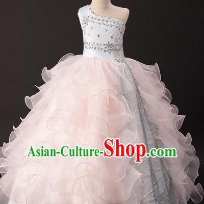 Professional Girls Catwalks Modern Fancywork Pink Veil Long Dress Compere Stage Show Costume for Kids