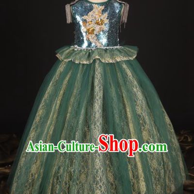 Professional Girls Modern Fancywork Green Lace Dress Catwalks Compere Stage Show Costume for Kids