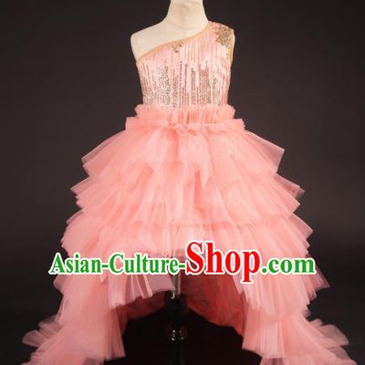 Professional Girls Modern Fancywork Pink Veil Trailing Dress Catwalks Compere Stage Show Costume for Kids