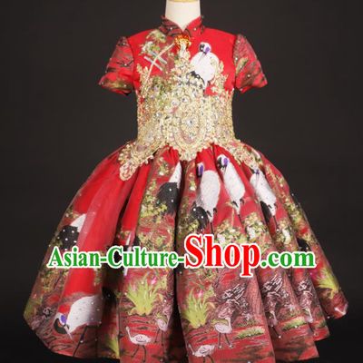 Chinese Stage Performance Folk Dance Red Full Dress Catwalks Modern Fancywork Dance Costume for Kids