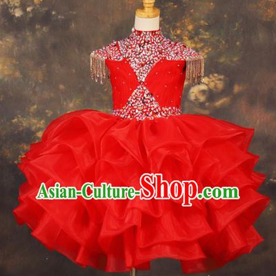 Chinese Stage Performance Crystal Red Full Dress Catwalks Modern Fancywork Dance Costume for Kids