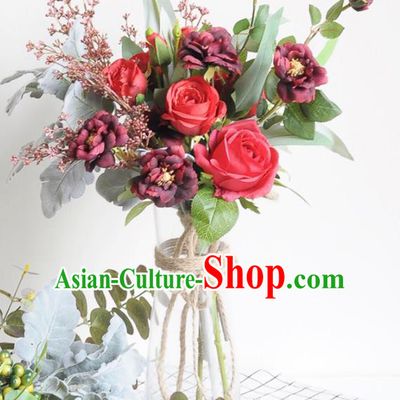 Handmade Classical Wedding Red Roses Silk Flowers Bride Holding Emulational Flowers Ball Hand Tied Bouquet Flowers for Women