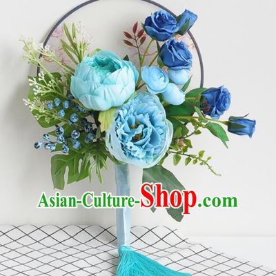 Handmade Chinese Classical Wedding Palace Fans Bride Holding Blue Peony Round Fans for Women