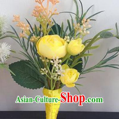 Top Grade Classical Wedding Brooch Flowers Groom Corsage Groomsman Yellow Peony Brooch Flowers for Men