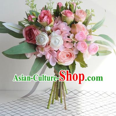 Handmade Classical Wedding Pink Rose Flowers Bride Holding Emulational Flowers Ball Hand Tied Bouquet Flowers for Women