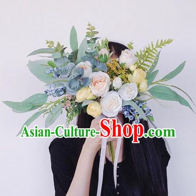 Handmade Classical Wedding Bride Holding Emulational Flowers Rose Flowers Ball Hand Tied Bouquet Flowers for Women
