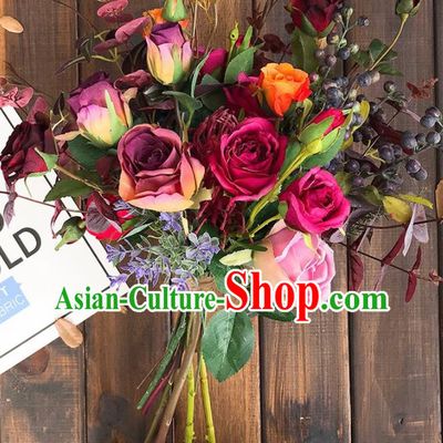 Handmade Classical Wedding Bride Holding Emulational Wine Red Rose Flowers Ball Hand Tied Bouquet Flowers for Women