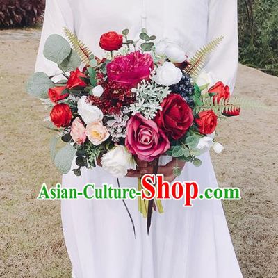 Handmade Classical Wedding Bride Holding Emulational Red Peony Flowers Ball Hand Tied Bouquet Flowers for Women
