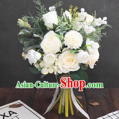 Handmade Classical Wedding Bride Holding Emulational Flowers Ball White Rose Hand Tied Bouquet Flowers for Women