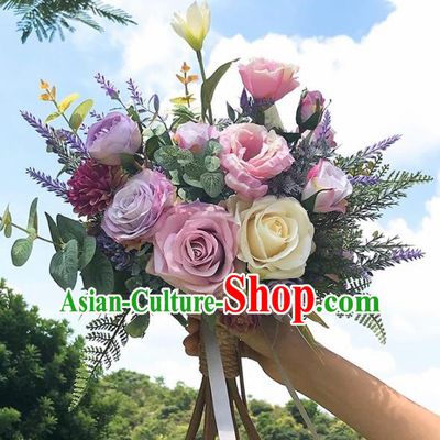 Handmade Classical Wedding Bride Holding Emulational Flowers Ball Light Purple Rose Hand Tied Bouquet Flowers for Women