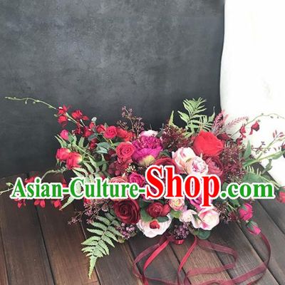 Handmade Classical Wedding Bride Holding Emulational Red Rose Flowers Ball Hand Tied Bouquet Flowers for Women