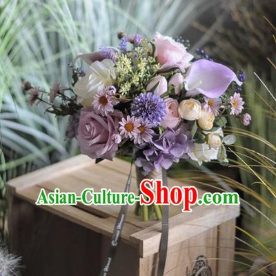 Handmade Wedding Bride Holding Emulational Classical Purple Rose Flowers Ball Hand Tied Bouquet Flowers for Women