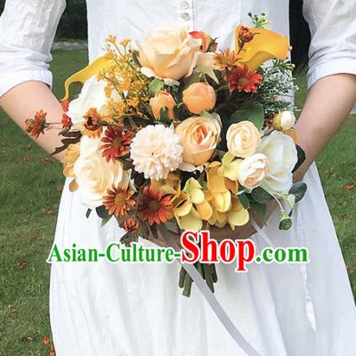 Handmade Wedding Bride Holding Emulational Classical Champagne Flowers Ball Hand Tied Bouquet Flowers for Women
