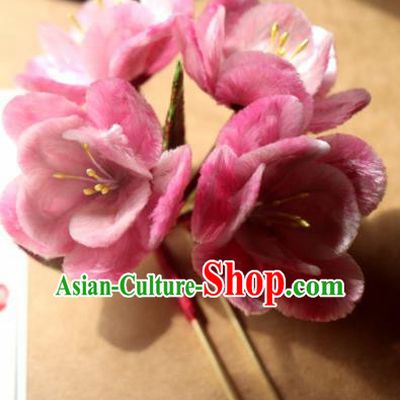 Chinese Handmade Pink Velvet Peach Blossom Hairpins Ancient Palace Headwear for Women