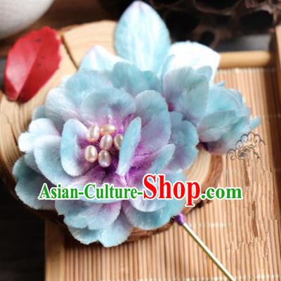 Chinese Handmade Blue Velvet Peony Hairpins Ancient Palace Headwear for Women