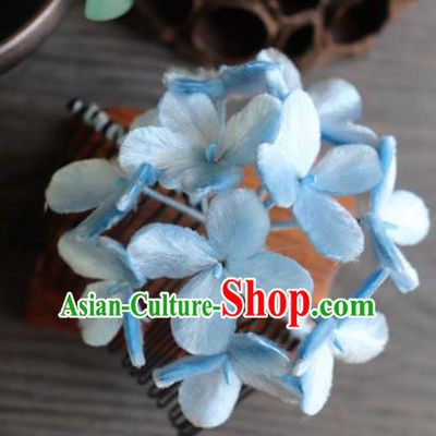 Chinese Handmade Blue Velvet Hydrangea Hairpins Ancient Palace Headwear for Women