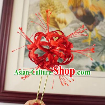 Chinese Handmade Red Velvet Spider Lily Hairpins Ancient Palace Hair Accessories Headwear for Women