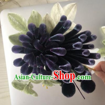 Chinese Handmade Purple Velvet Chrysanthemum Hairpins Ancient Palace Hair Accessories Headwear for Women