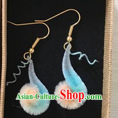 Handmade Chinese Classical Blue Velvet Earrings Ancient Palace Ear Accessories for Women