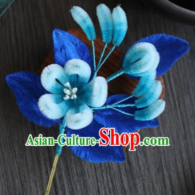 Chinese Handmade Blue Velvet Flowers Hairpins Ancient Palace Hair Accessories Headwear for Women