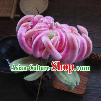 Chinese Handmade Pink Velvet Chrysanthemum Hairpins Ancient Palace Hair Accessories Headwear for Women