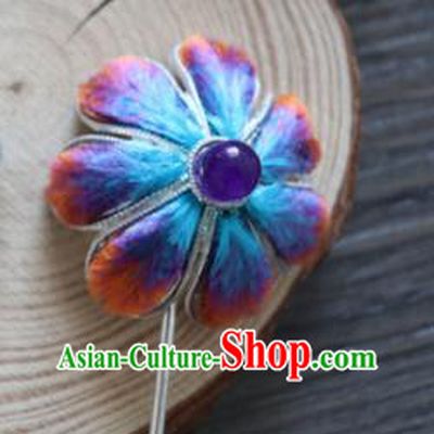 Chinese Handmade Blue Velvet Flowers Hairpins Ancient Palace Queen Hair Accessories Headwear for Women