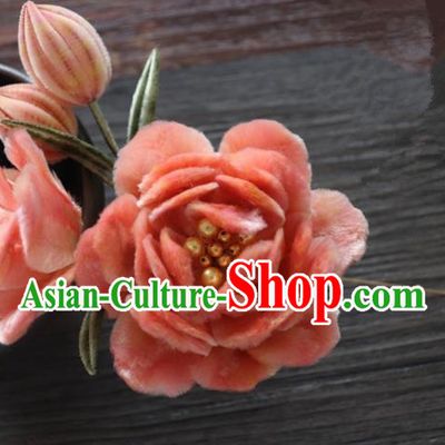 Chinese Handmade Orange Velvet Peony Hairpins Ancient Palace Queen Hair Accessories Headwear for Women